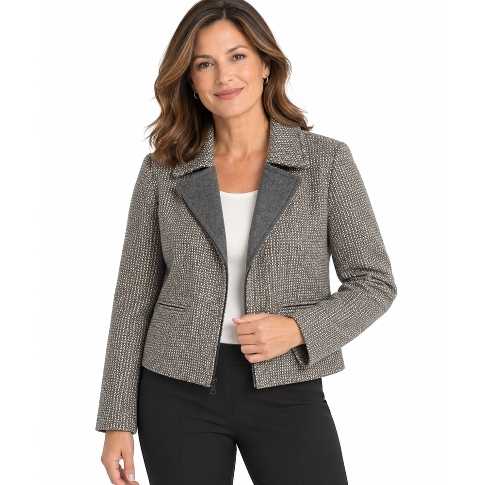 Talbots Gray Tweed Wool Blend Metallic Moto Jacket Asymmetrical Zip Size 8